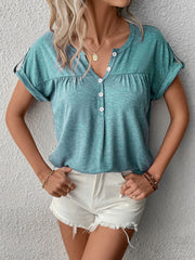 Full Size Casual V-Neck Henley Top with Rolled Sleeves Plus Size