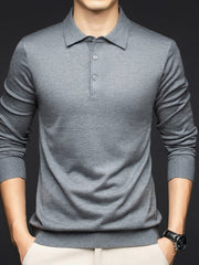 Men's Wool-Silk Blend Collared Neck Long Sleeve Polo Shirt