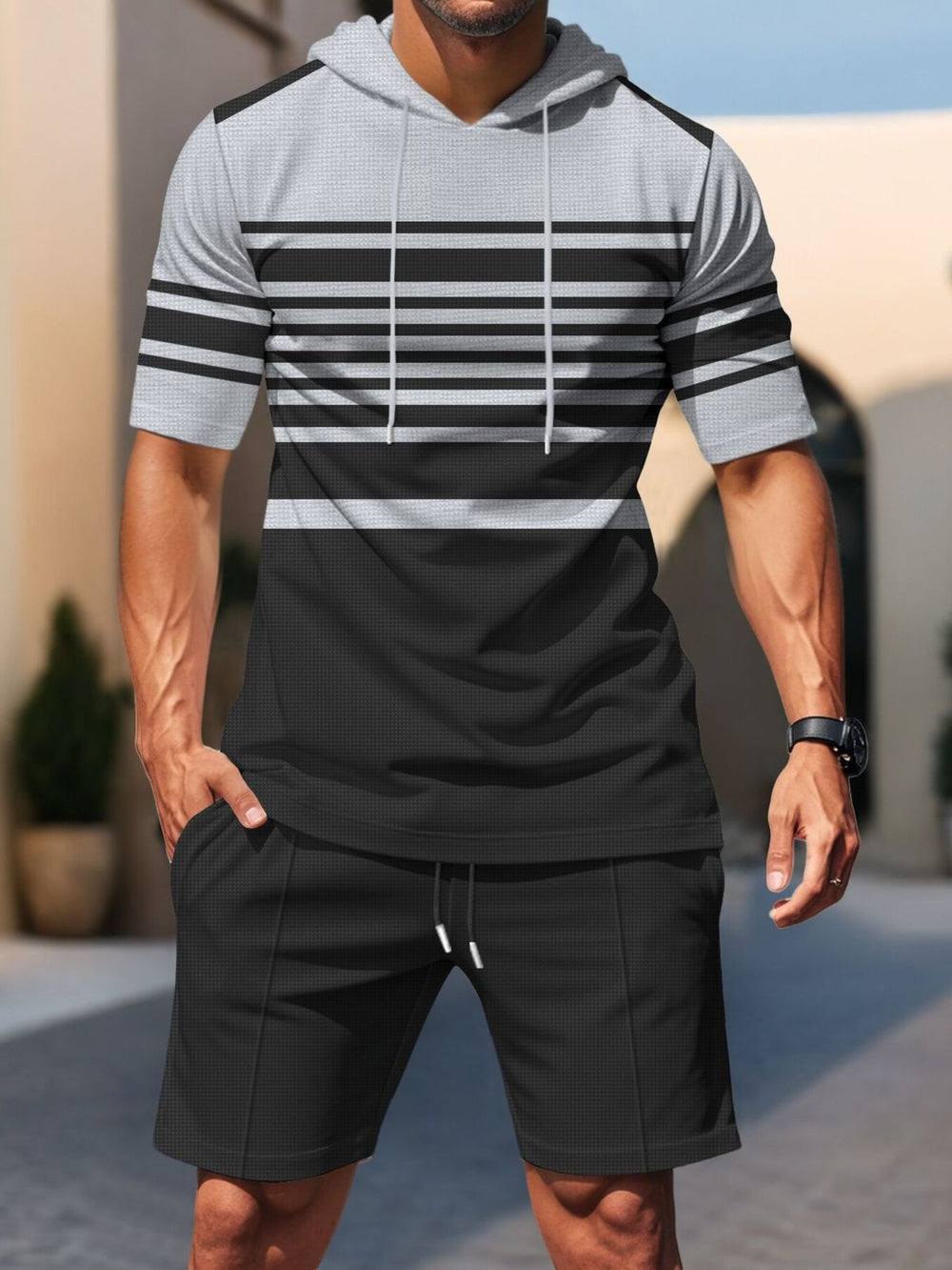 Men's Striped Short Sleeve Hoodie and Shorts Set