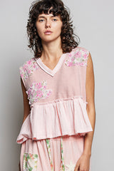 POL Floral Patch Ruffled Sleeveless Top with Raw Edge Detail
