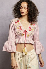 Cropped Blouse with Flared Ruffle Sleeves