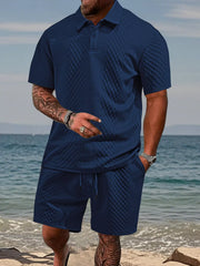 Men's Textured Knit Polo Shirt & Shorts Set