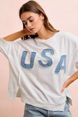 BiBi 4th Of July Usa Letter Patchwork French Terry Top