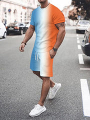 Men's Gradient Color Casual Tee and Shorts