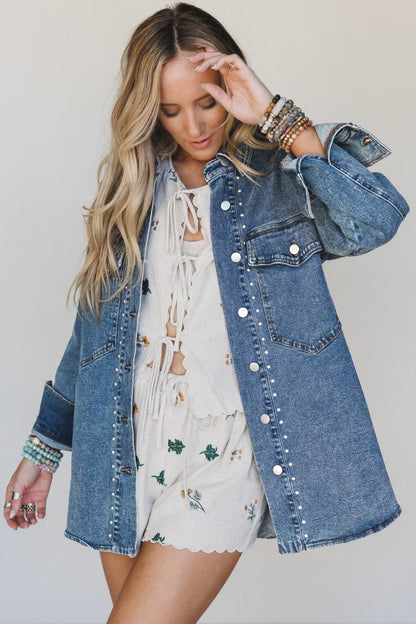 Rivet Embellished Long Sleeve Denim Shacket