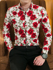 Men's Floral Print Slim Fit Long Sleeve Shirt