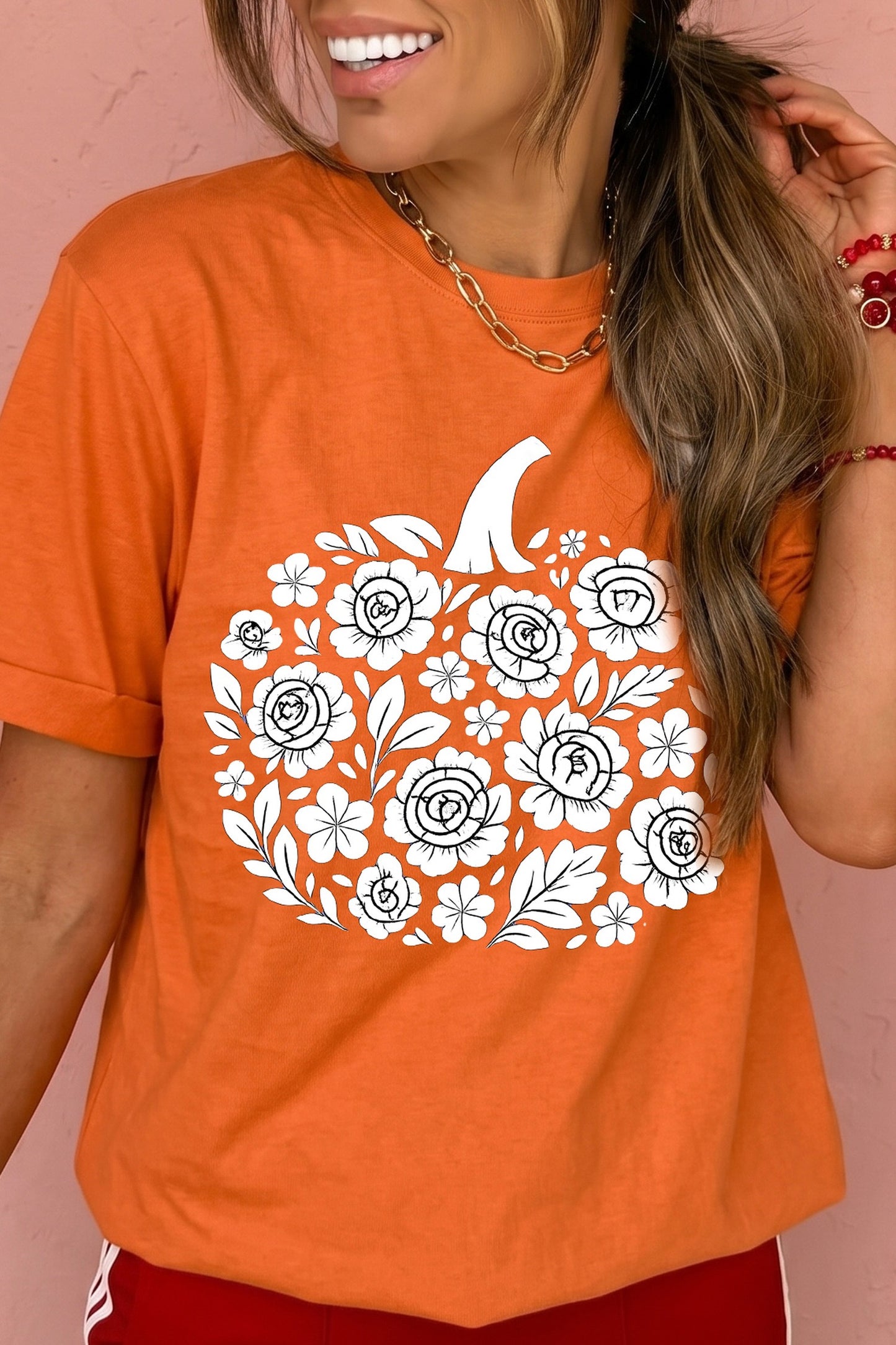 Pumpkin Graphic Cuffed Sleeve Casual T Shirt