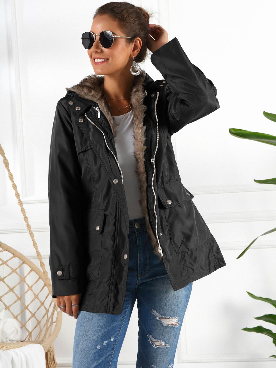 Women's Ivy Lane Full Size Hooded Jacket with Detachable Liner (Three-Way Wear)