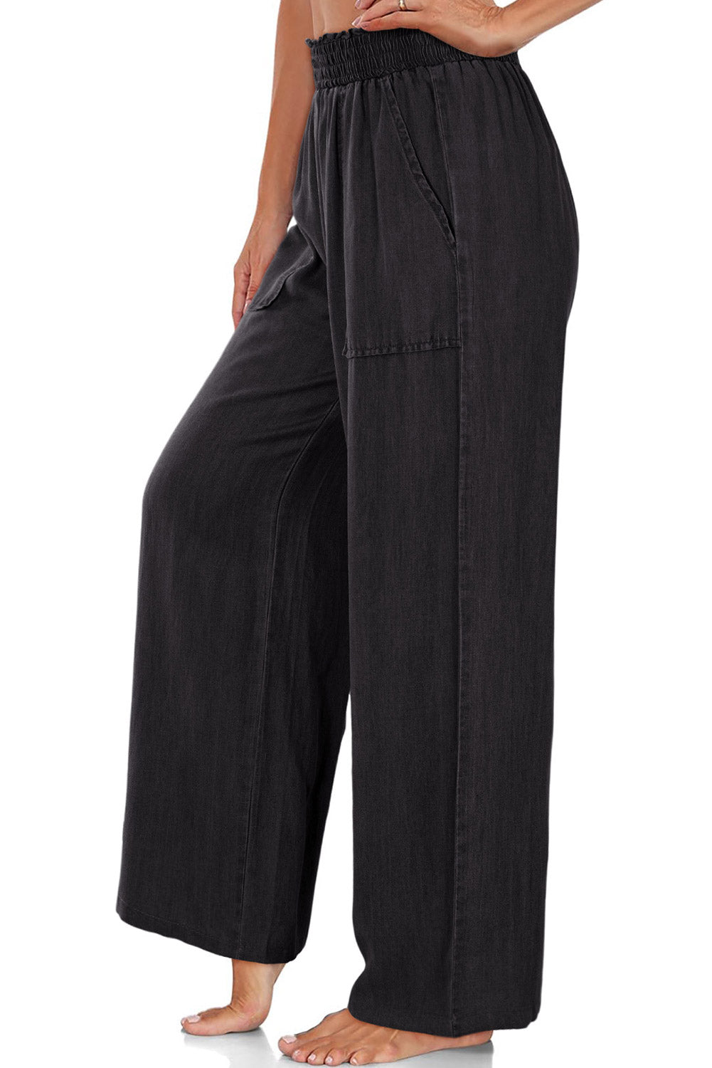 Frilled Smocked High Waist Wide Leg Jeans