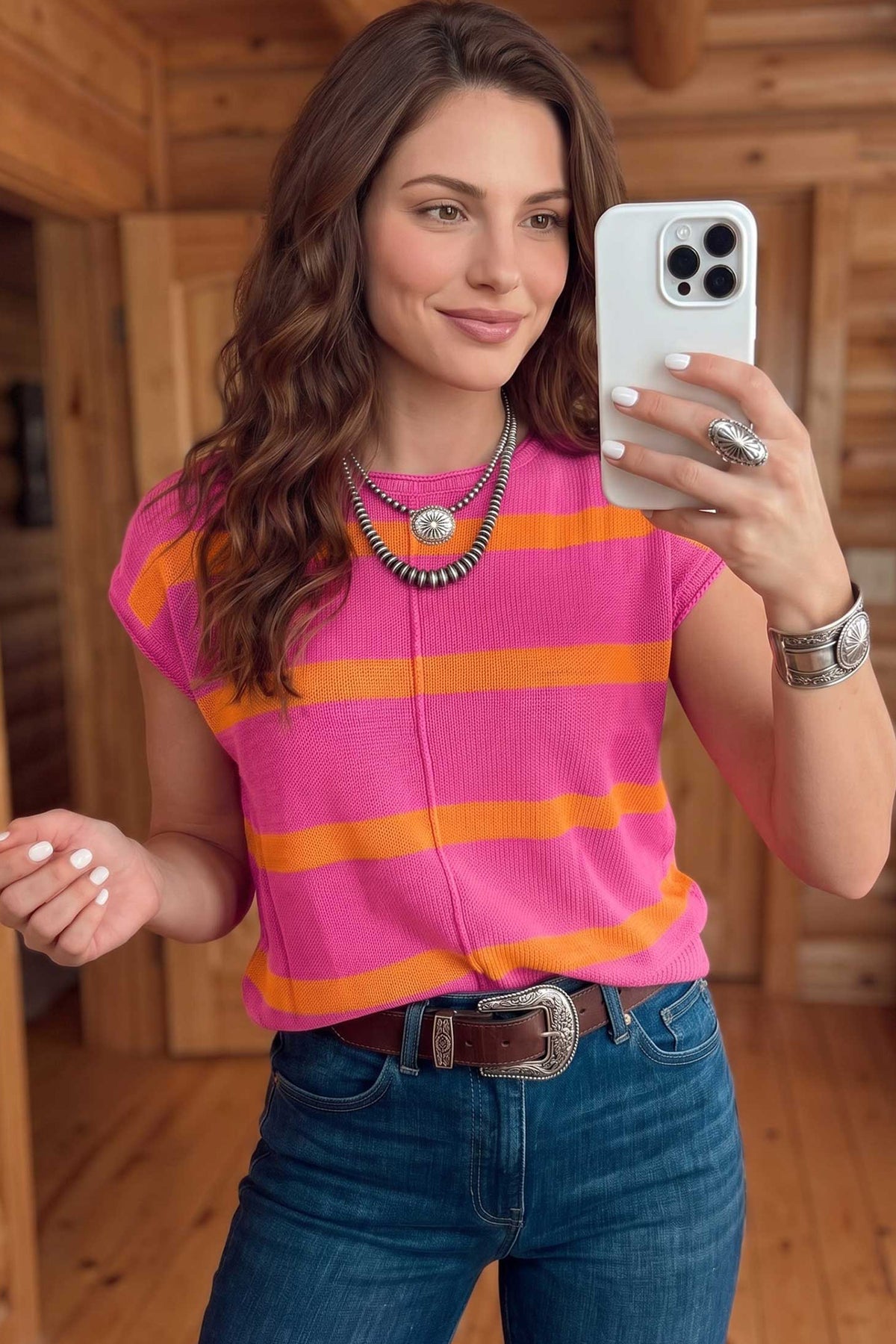 Rose Stripe Knit Western Short Sleeve Sweater