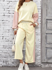 Color Block Round Neck Top and Pants Set