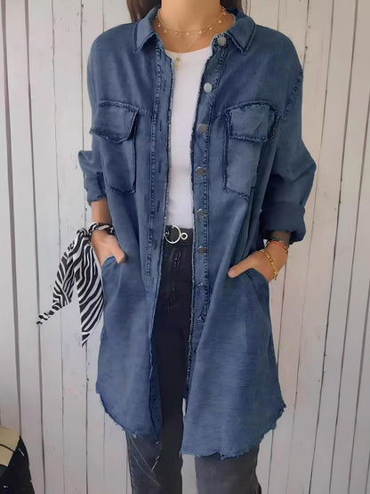 Full Size Raw Hem Button Up Long Sleeve Denim Top