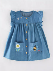 Children's Cute Embroidered Button-Front Denim Dress