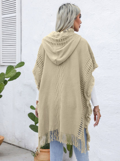 Fringe Trim Buttoned Hooded Poncho