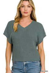 Zenana Textured Knit V-Neck Cropped Sweater