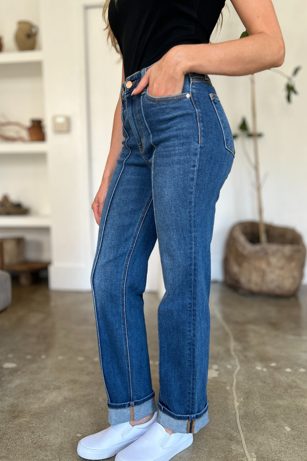 High Waist Front Seam Detail Straight Jeans