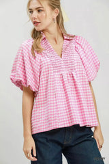Umgee Smocked Yoke Puff Sleeve Gingham Blouse