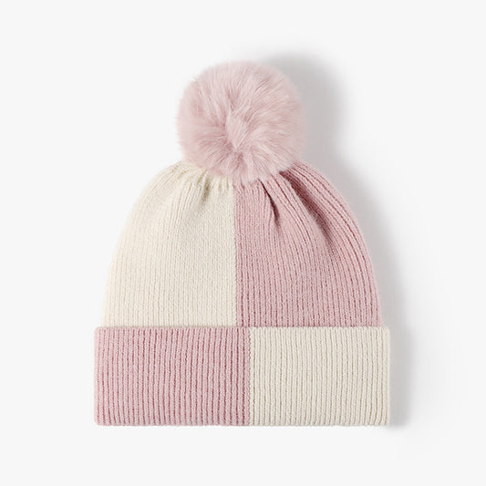 Color Block Knit Hat with Pom-Pom