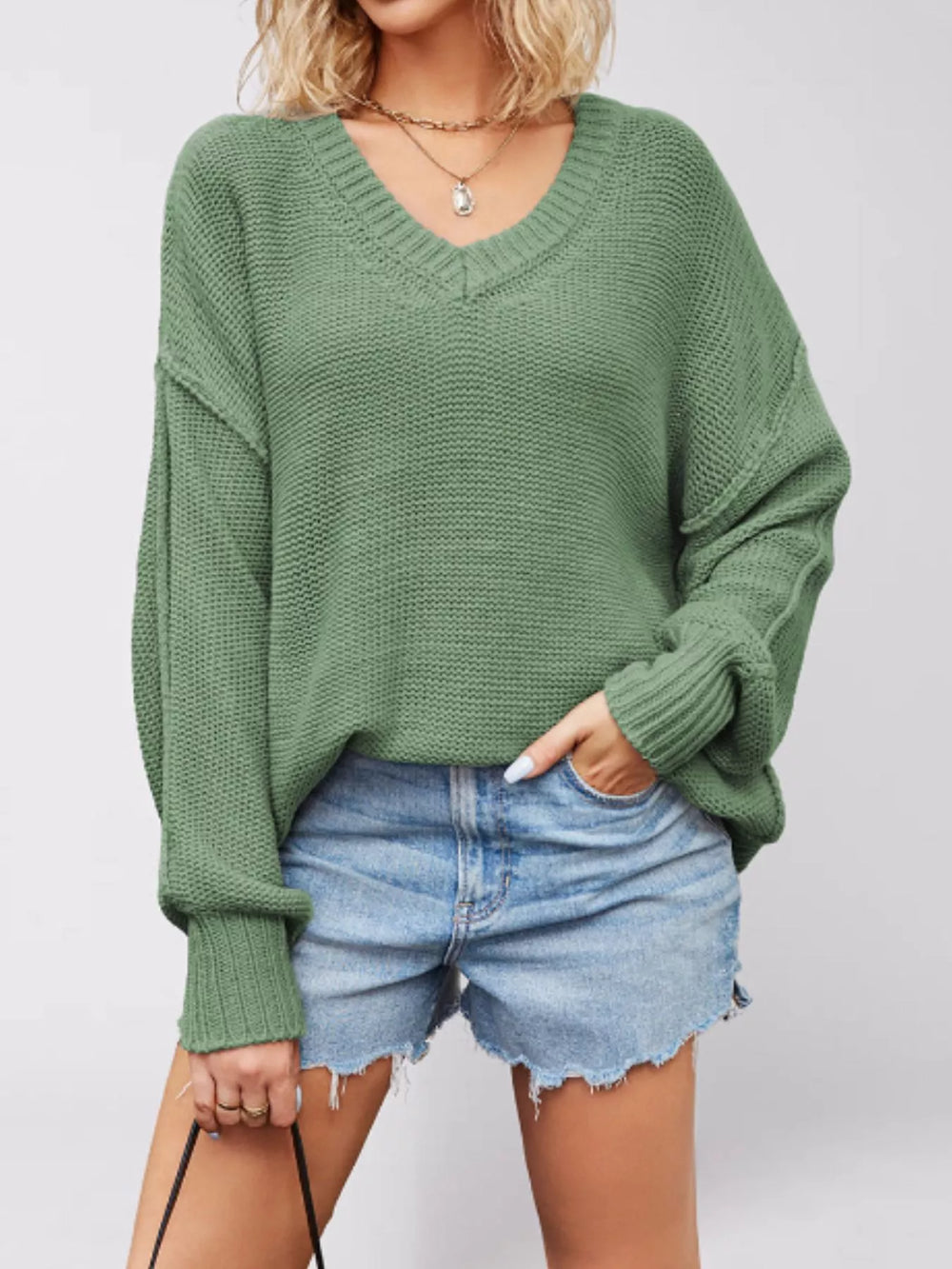 V-Neck Loose Knit Drop Shoulder Sweater