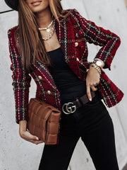 Full Size Plaid Tweed Double-Breasted Blazer Plus Size