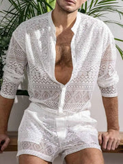 Men's Lace Button Down Top and Shorts Set