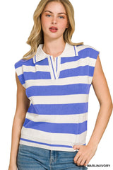 Zenana Viscose Striped Collared Sweater Vest