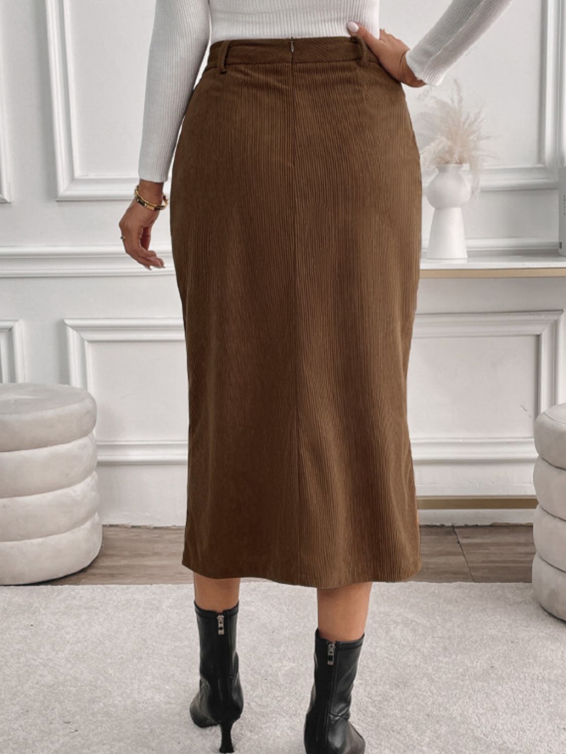 Slit Midi Skirt with Pockets