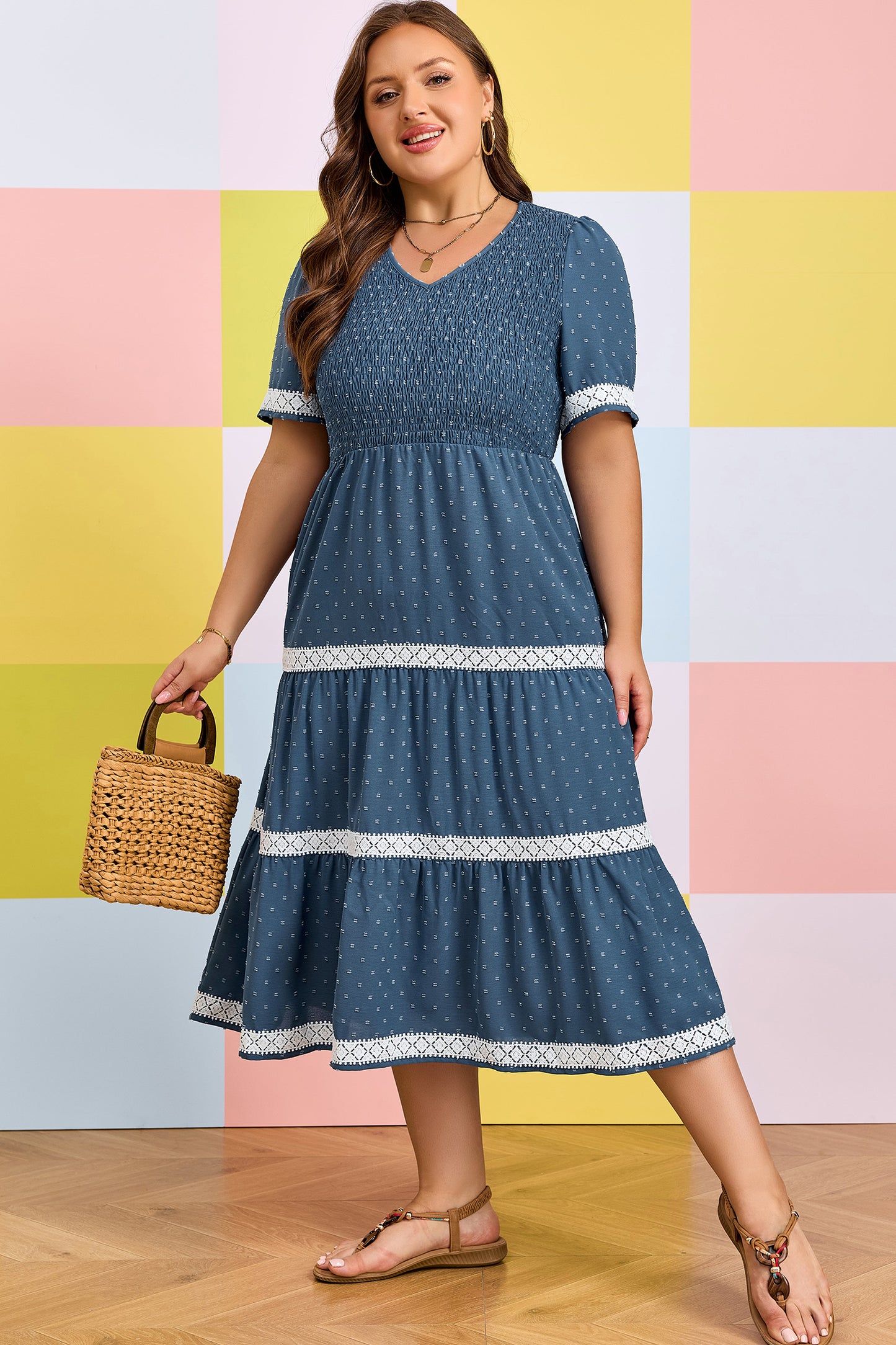 Plus Size Swiss Dot Lace Patchwork Detail Flared Midi Dress