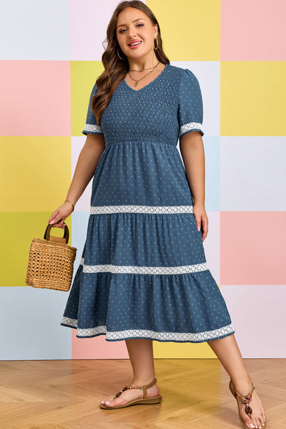 Plus Size Swiss Dot Lace Patchwork Detail Flared Midi Dress