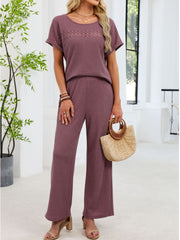 Rayon Blend Lace Detail Short Sleeve Top and Pants Set