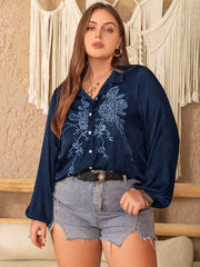 Plus Size Embroidered Long Sleeve Blouse