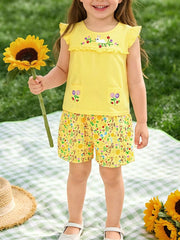 Children's Floral Embroidered Top and Printed Shorts Set