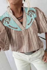 Western Pony Embroidered Yoke Puff Sleeve Gingham Blouse