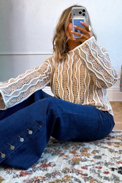 Pink Wavy Detail Hollow Out Knit Long Sleeve Cotton Pullover Sweater