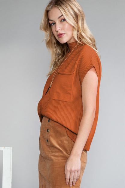Patch Pocket Ribbed Knit Short Sleeve Sweater