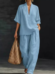 Half Sleeve Top and Wide Leg Pants Set