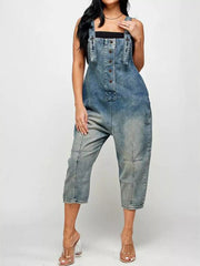Button Front Denim Overalls with Pockets