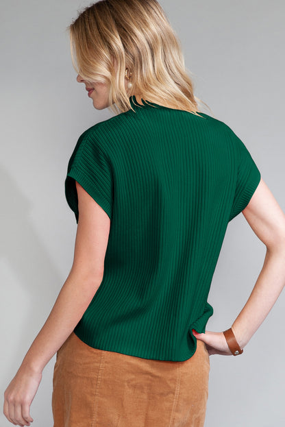 Patch Pocket Ribbed Knit Short Sleeve Sweater