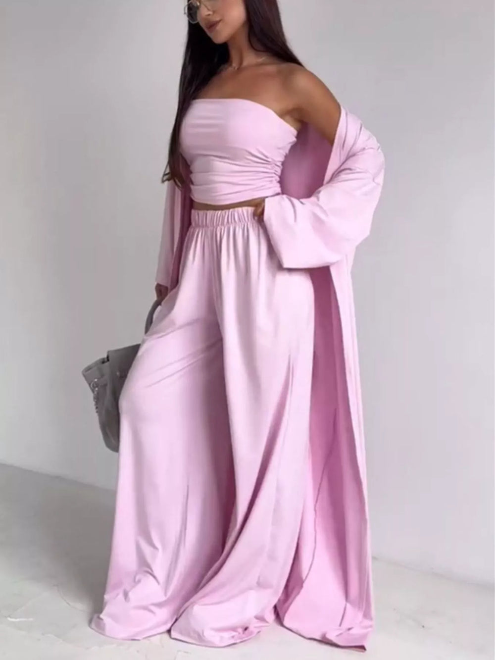 Cardigan, Tube Top & Wide Leg Pant Set