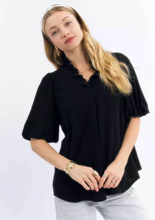 Linen Scallop Trim V-Neck Blouse