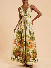 Tropical Print V-Neck Maxi Dress