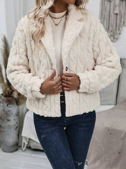 Women's Fuzzy Button Up Collared Neck Jacket