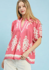 Boho Print Split-Neck Short Sleeve Top