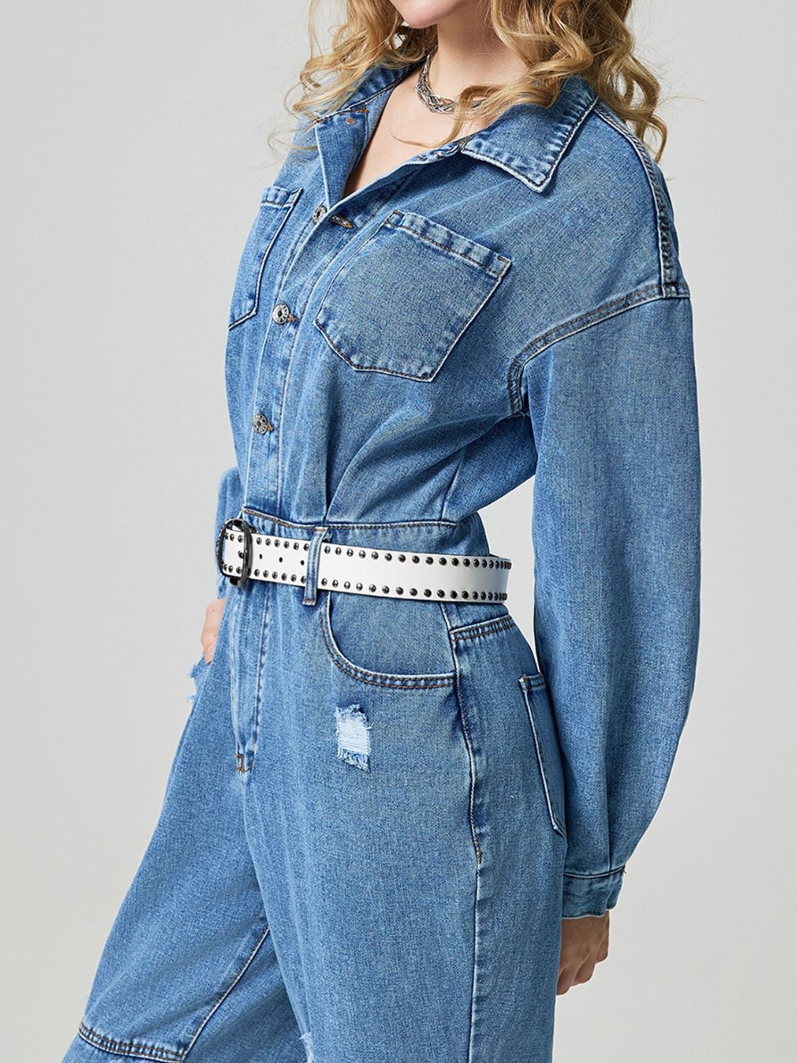 Distressed Button Down Drop Shoulder Denim Jumpsuit