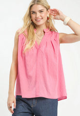 Sleeveless Textured Split Neck Top