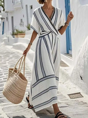 Striped Short Sleeve Wrap Maxi Dress