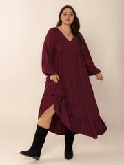 Ruffled Hem V-Neck Balloon Sleeve Dress