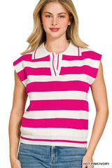 Zenana Viscose Striped Collared Sweater Vest