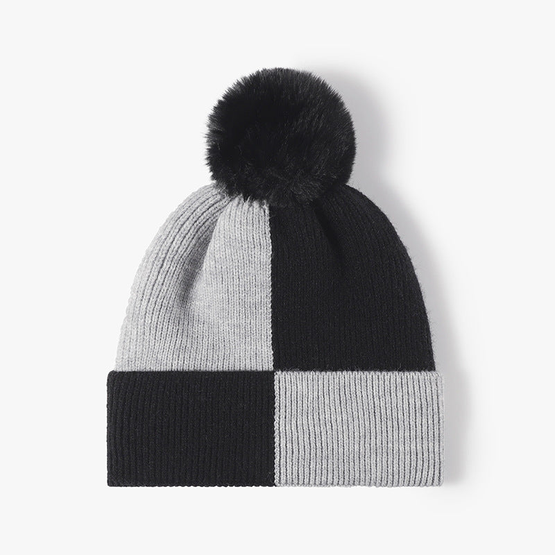 Color Block Knit Hat with Pom-Pom