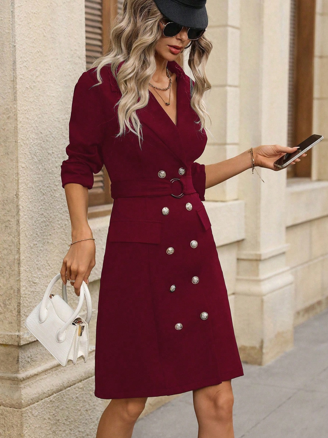 Double-Breasted Lapel Collar Button Dress